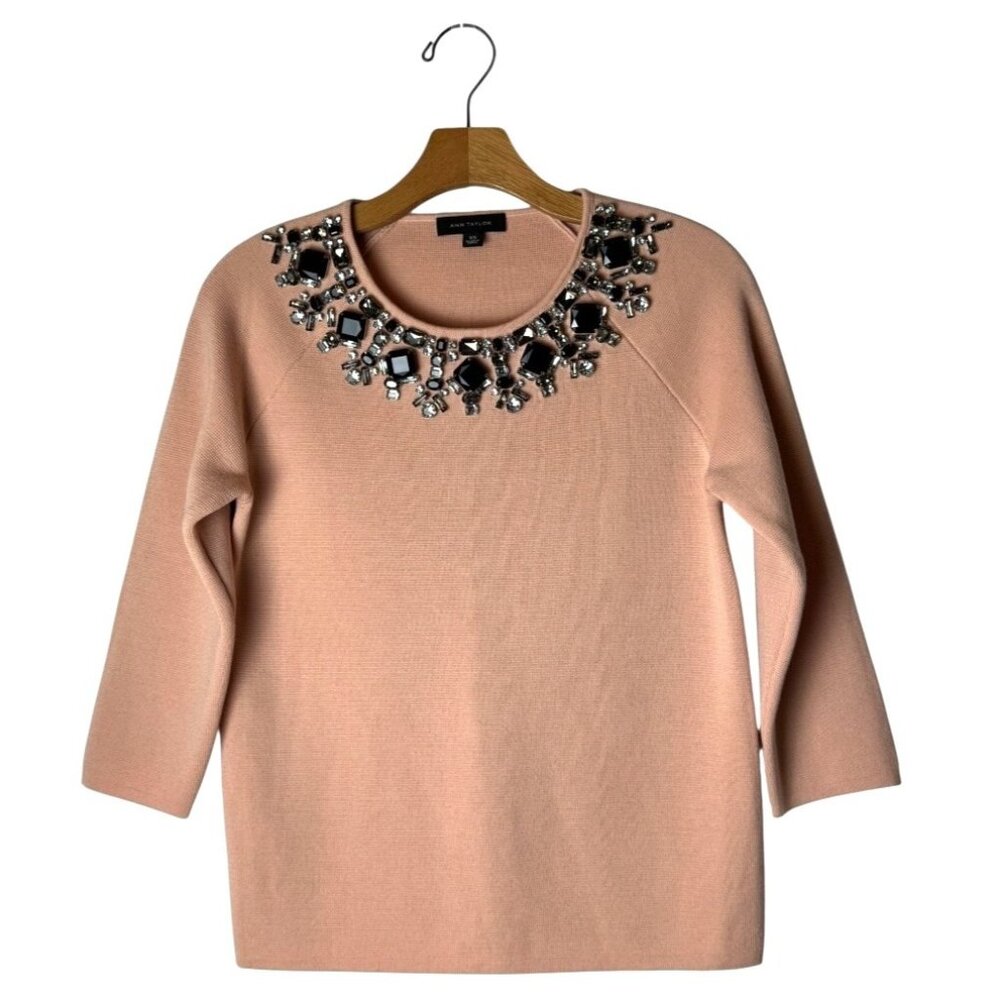 Ann Taylor Sweater Women XS Pink Wool Blend Jeweled Neckline Pullover Preppy
